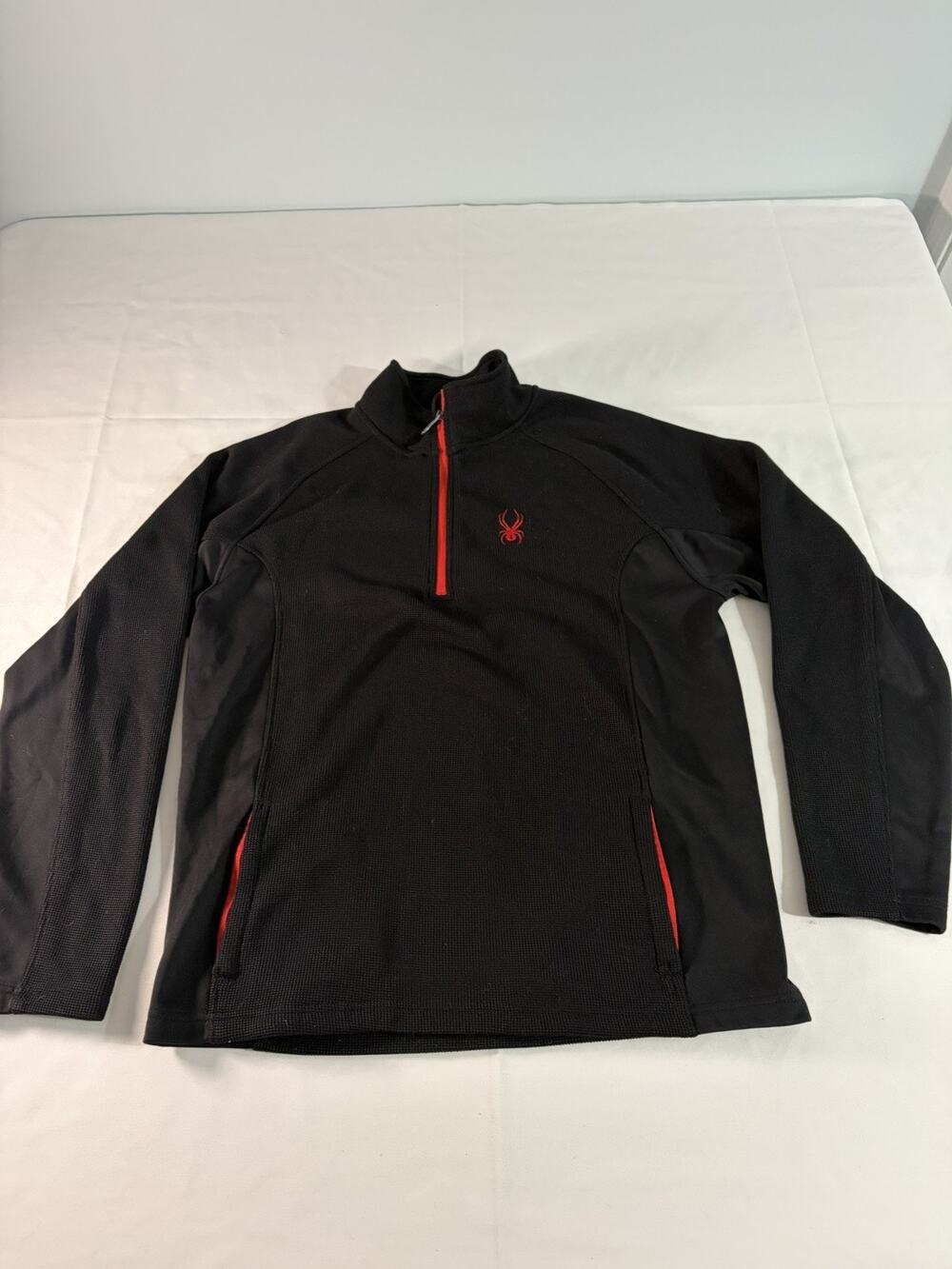 Spyder Sweater Large Black Solid 1/4 Zip Pullover Pockets Red Trim